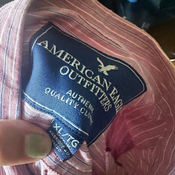 American Eagle Men’s Red Striped Button-Up Shirt | Cotton Casual - Picture 6 of 8